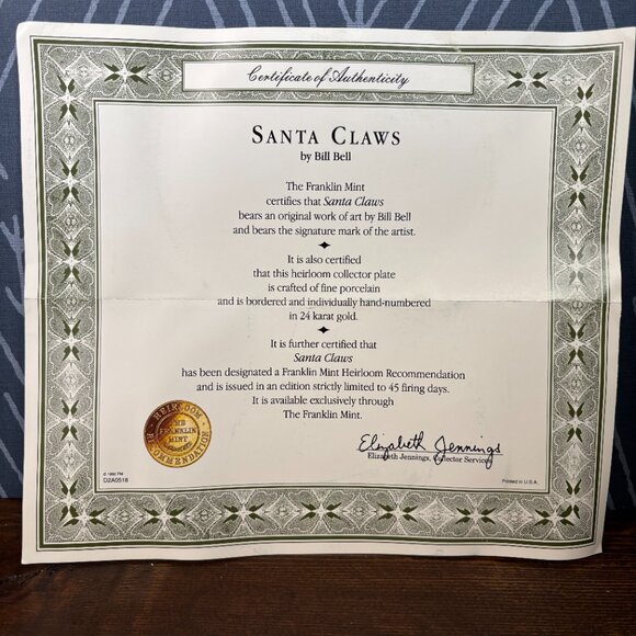 Bill Bell Santa Claws Collectors Plate Porcelain 24k Rim COA and Box - Picture 7 of 9